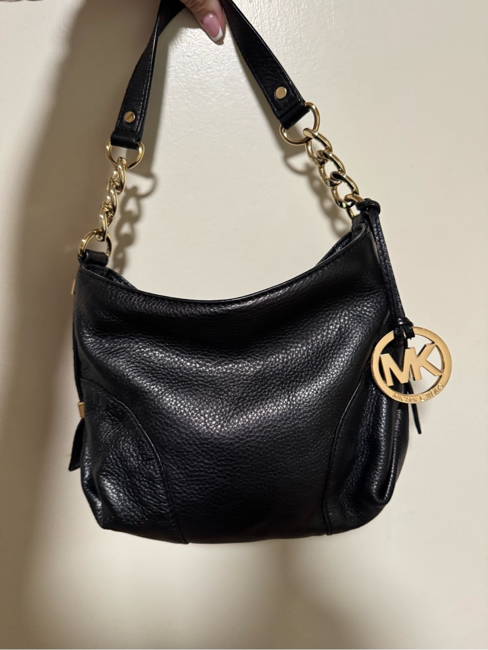 Michael Kors Black Pebbled Leather Hobo Shoulder Bag with Gold Hardware